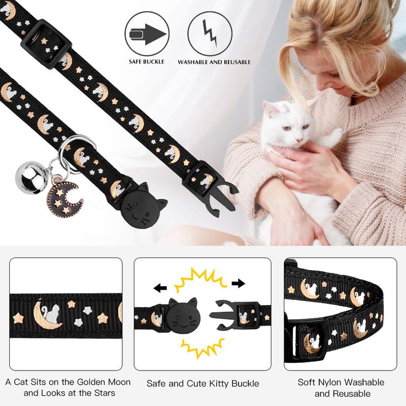 Baeuppit 2Pcs Breakaway Cats Collars Cat Collars for Boy & Girl Cats Moons Adjustable Kitten Collars with Bell & Pendant Glow in The Dark,Purple+Black - Image 2